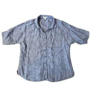Garnet Hill Linen Short Sleeve Collared Scoop Hem Button Down Blue Womens Size 8